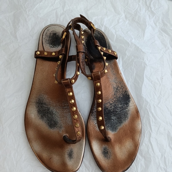 Gucci metallic bronze Yulia leather iconic studded thong sandals sz 39 - Picture 1 of 12